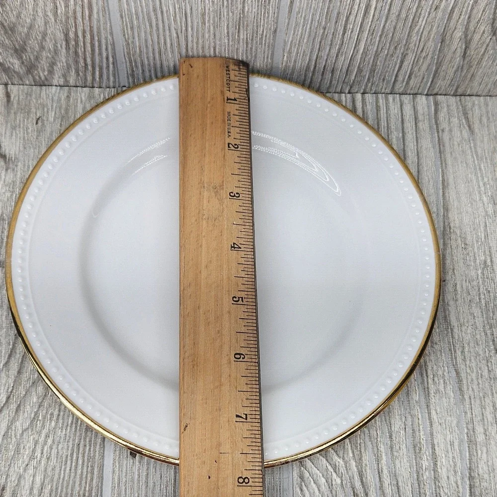 Pier 1 Gold Line Salad Plates Set of 6 White Ceramic Beaded Rim Gold Edge 7.75in